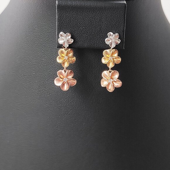 Sterling Plumeria Flower Drop Earrings Post CZ Silver Rose Gold Tone Hawaiian - Picture 4 of 11
